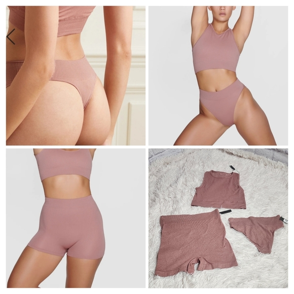 SKIMS Other - 3pcs-SKIMS STRETCH RIB BUNDLE IN ROSE CLAY/NWT/S/M- THONG, SHORT & HIGH NECK BRA